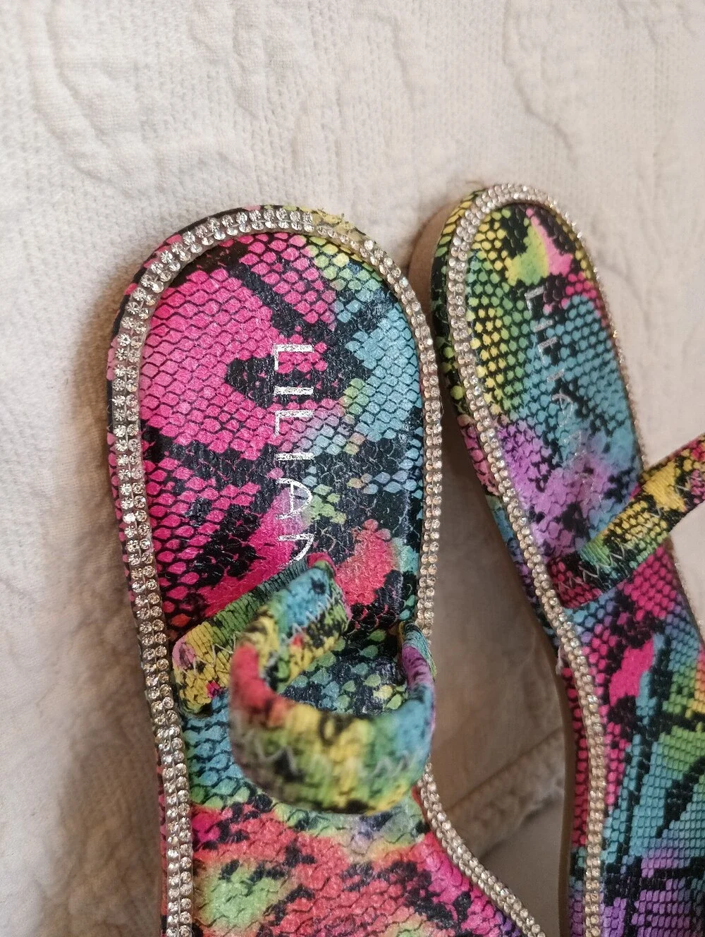 Liliana Neon Snake-Print Rhinestone Trim Flat Sandals Colorful Rainbow Flats 8